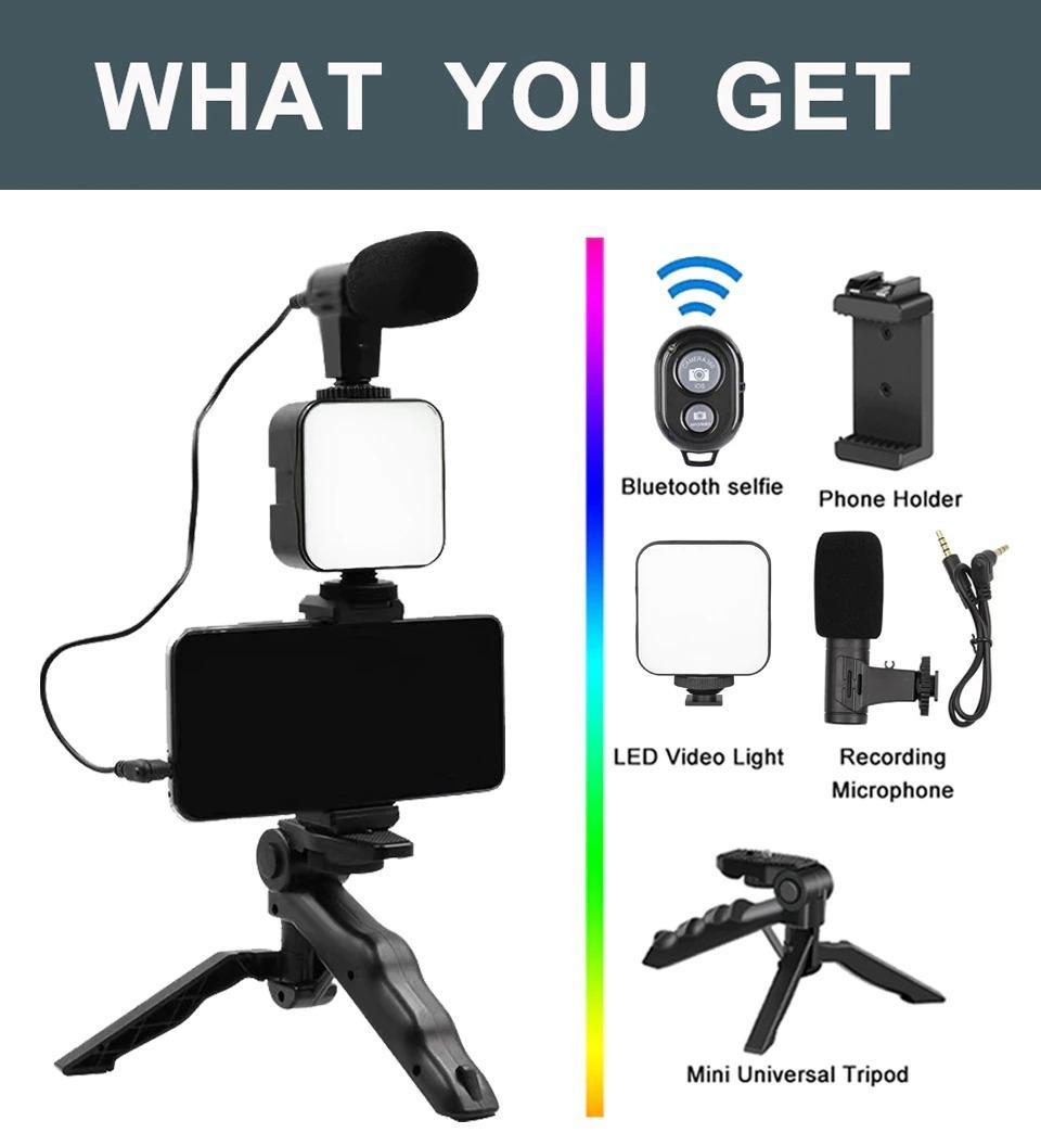 Desktop Selfie Stick Tripod with LED Light & Mic